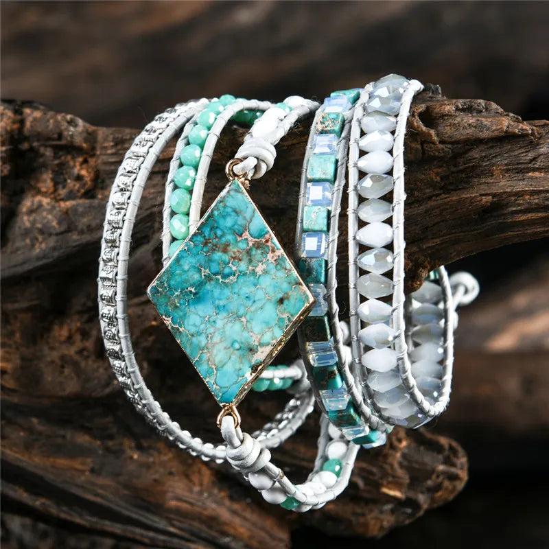 Natural Stone Leather Bracelet Women 5 Layers Wrap Bracelet