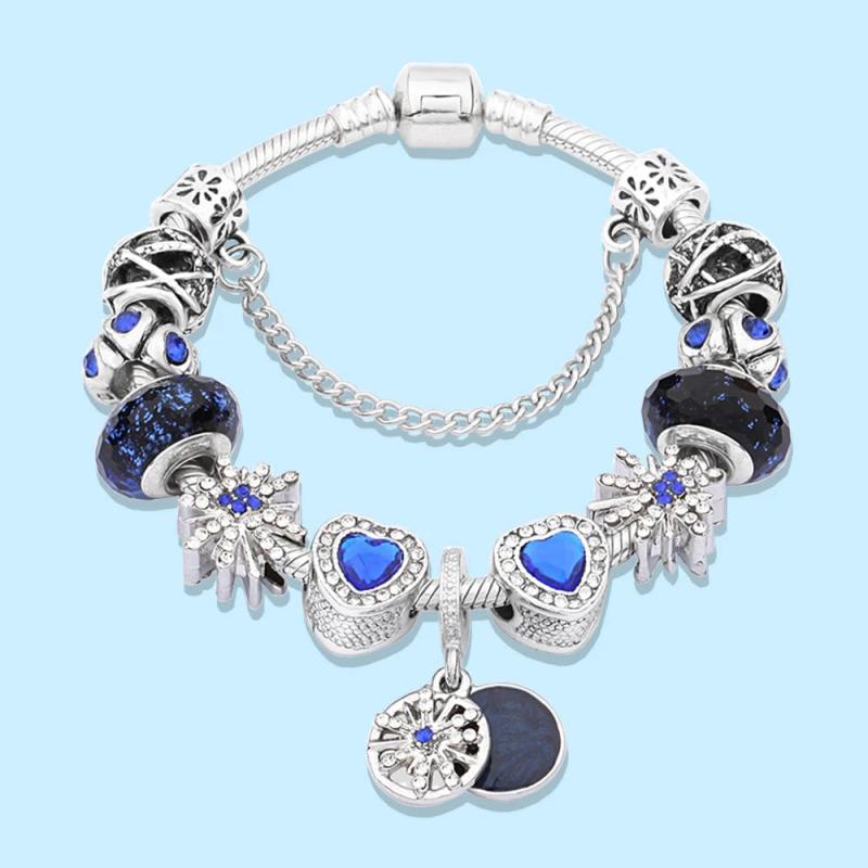 925 Sterling Silver Crystal Beads Stars Pendant Bracelet