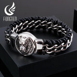 Antique Teen Wolf Head Charm Bracelet Stainless Steel Leather Men's Bangle