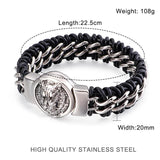 Antique Teen Wolf Head Charm Bracelet Stainless Steel Leather Men's Bangle