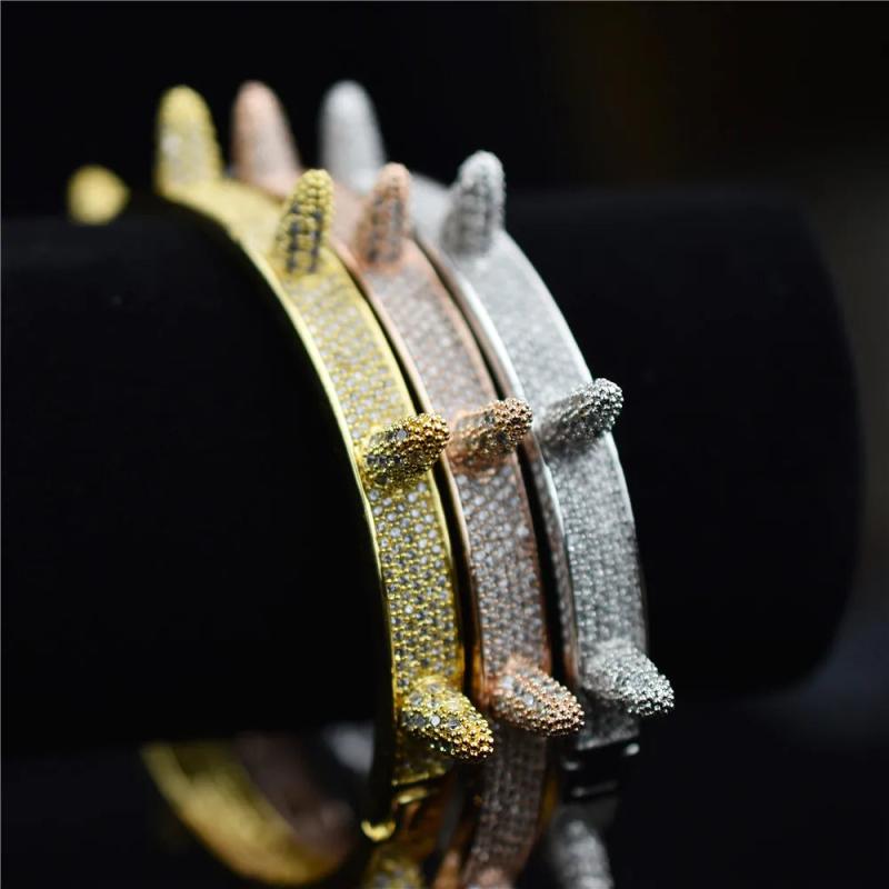 Hip Hop Iced Out Bling CZ Rose Silver Bracelets