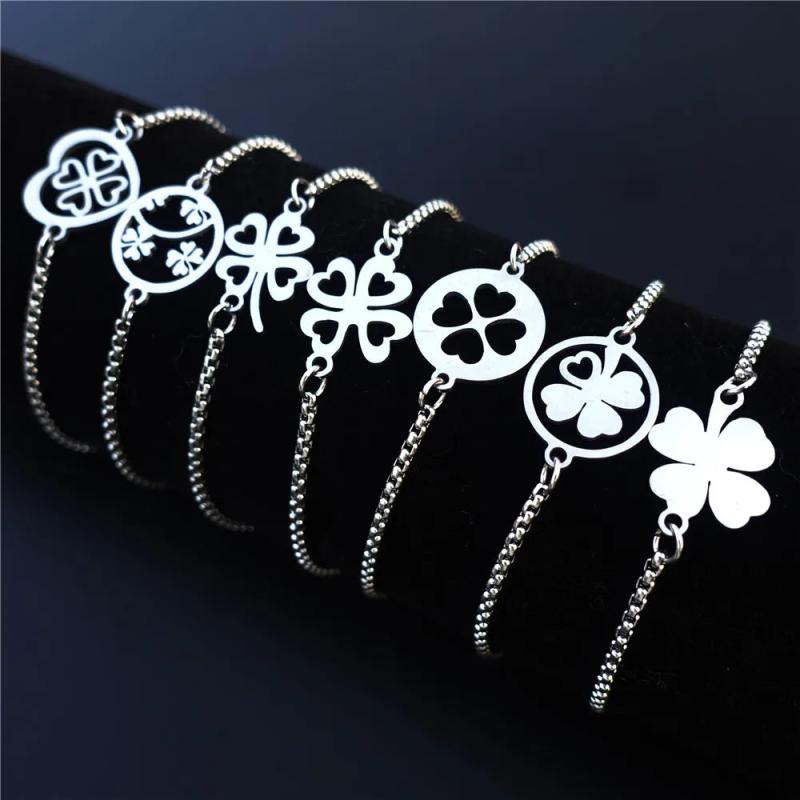 12 Pieces Stainless Steel 4 Leaves Lucky Clover Bracelet Mix Styles