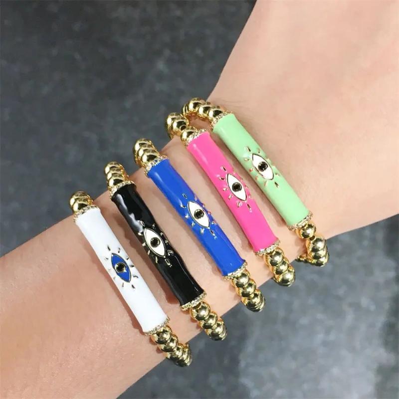 5Pcs Colorful CZ Micro Pave Bar Charm Bracelet with Eye Beads
