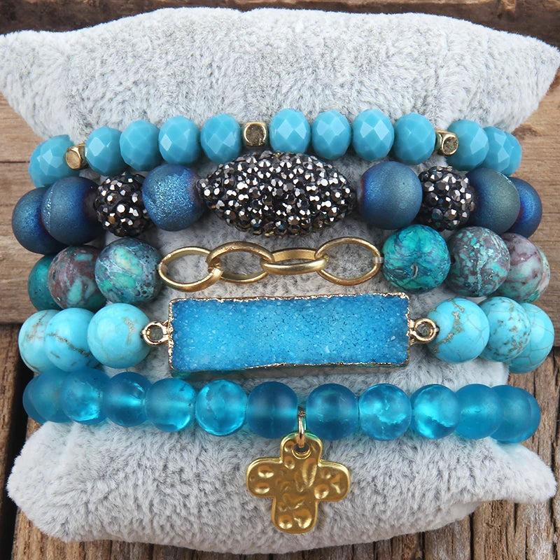Boho Beaded Bracelet Set Stone 5pc Stack Bracelet for Women