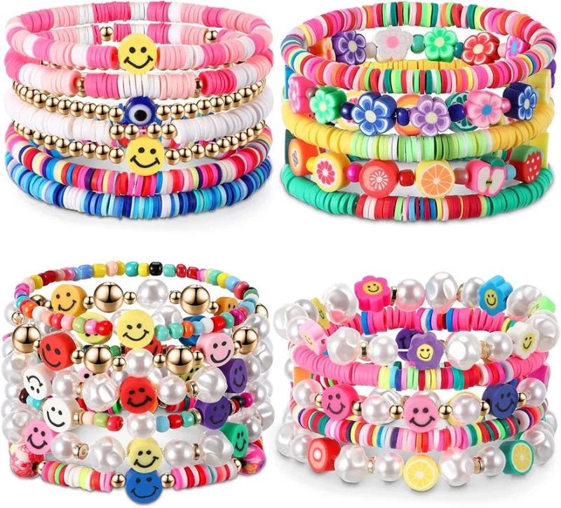 23Pcs Beaded Stretch Bracelets Clay Fruit Flower Preppy Bracelet Rainbow Stack