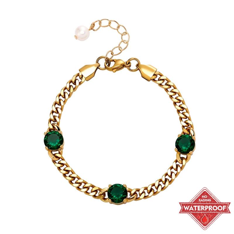 Cuban Chain Bracelet with Green/White CZ Stone and Freshwater Pearl Tail