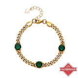 Cuban Chain Bracelet with Green/White CZ Stone and Freshwater Pearl Tail