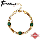 Cuban Chain Bracelet with Green/White CZ Stone and Freshwater Pearl Tail