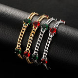 Cuban Chain Bracelet with Green/White CZ Stone and Freshwater Pearl Tail