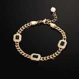 Cuban Chain Bracelet with Green/White CZ Stone and Freshwater Pearl Tail