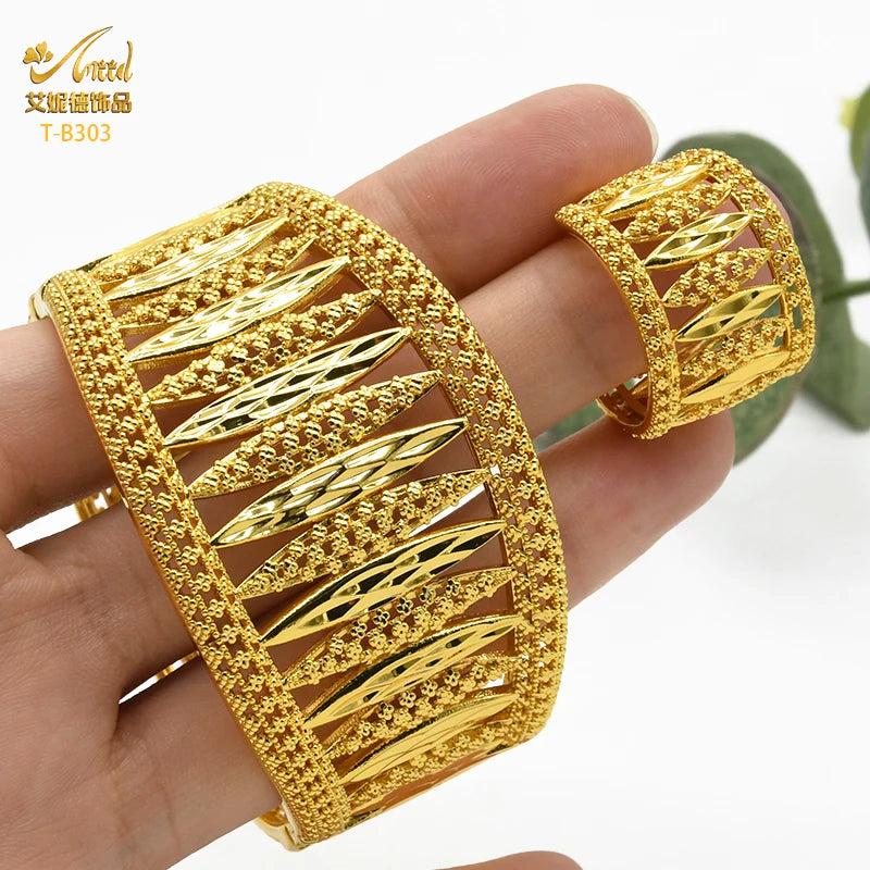 Dubai 24K Plated Bangle Bracelet With Ring For Women