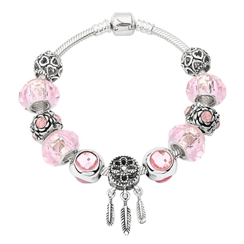 Snake Bracelet Pink Dreamcather Beads Safety Chain S925 Sterling Silver
