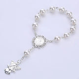 Catholic Rosary with Pearl Beads and Silver Wings Crucifix