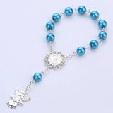 Catholic Rosary with Pearl Beads and Silver Wings Crucifix