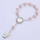 Catholic Rosary with Pearl Beads and Silver Wings Crucifix