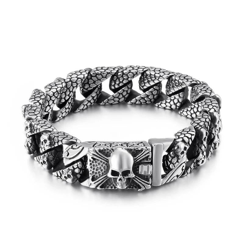Gothic Men's Bracelet Stainless Steel Skull Charm Cuban Chain