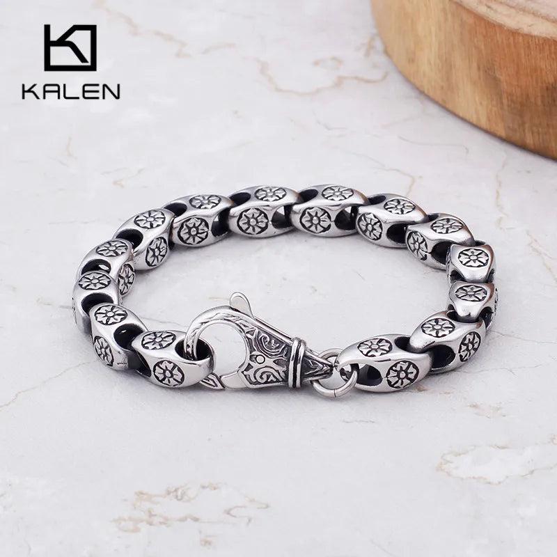 Stainless Steel Link Chain Bracelet Men Women Jewelry 21.5cm Flower Charm