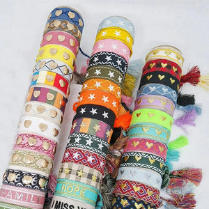 10pcs Heart Stars Wrap Bracelet Metal Buckle Lace Up Adjustable Fabric Bracelets