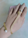Metal Net Cuff Palm Bangle Link Finger Ring Simulated Pearl Hand Bangle Jewelry
