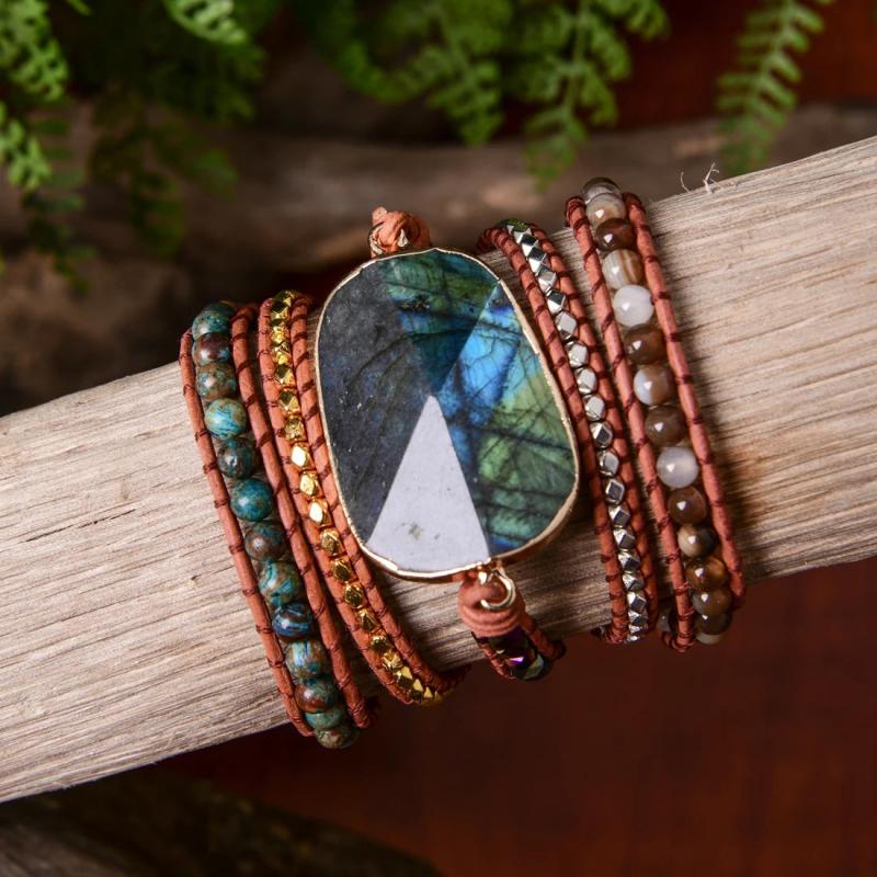 Labradorite Leather Bracelet 5 Strands Woven Wrap Bohemian Statement Bracelet