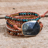 Labradorite Leather Bracelet 5 Strands Woven Wrap Bohemian Statement Bracelet