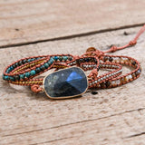 Labradorite Leather Bracelet 5 Strands Woven Wrap Bohemian Statement Bracelet