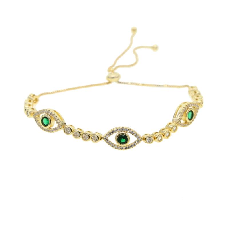 Green CZ Tennis Chain & Evil Eye Charm Bracelet Set