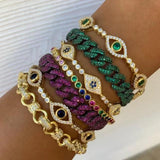 Green CZ Tennis Chain & Evil Eye Charm Bracelet Set