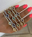 Green CZ Tennis Chain & Evil Eye Charm Bracelet Set