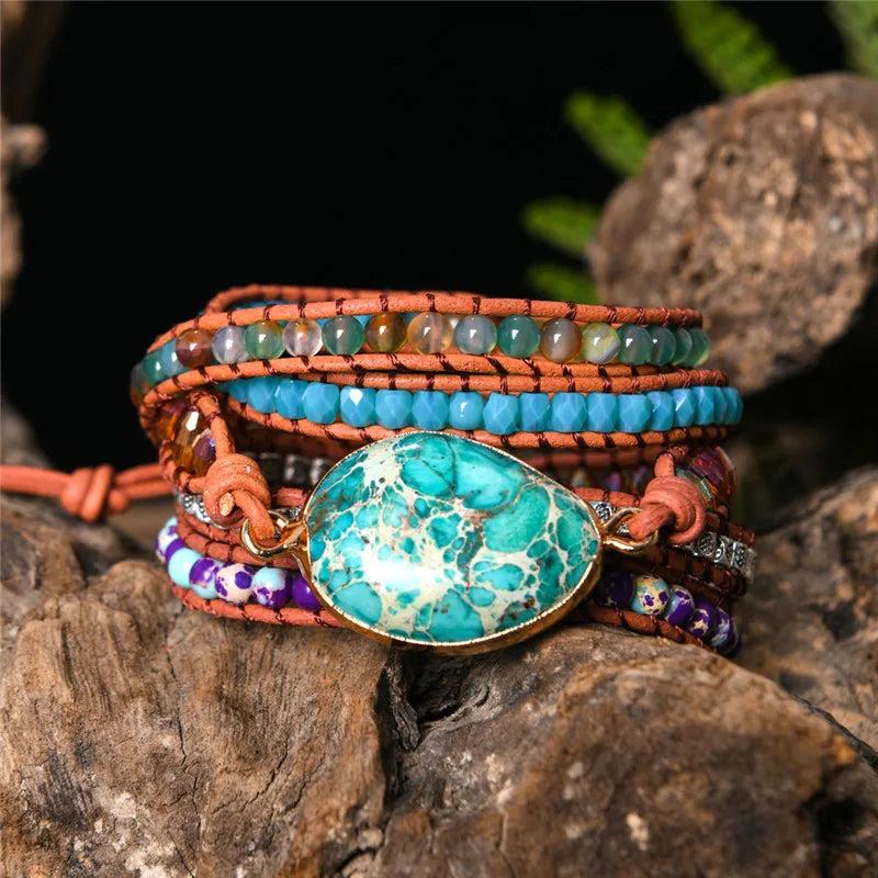High End Women Bracelets Gilded Natural Stones Vintage Leather Wrap Bracelet