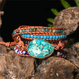 High End Women Bracelets Gilded Natural Stones Vintage Leather Wrap Bracelet