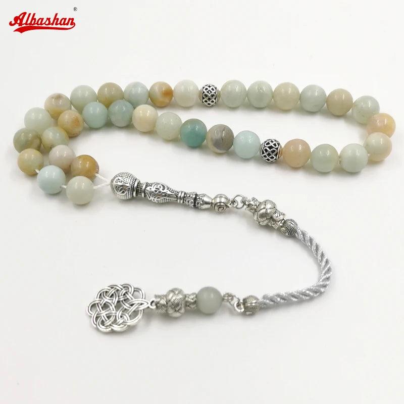 Natural Amazonite Stone Prayer Beads Muslim Misbaha Islamic Rosary Eid Arabic