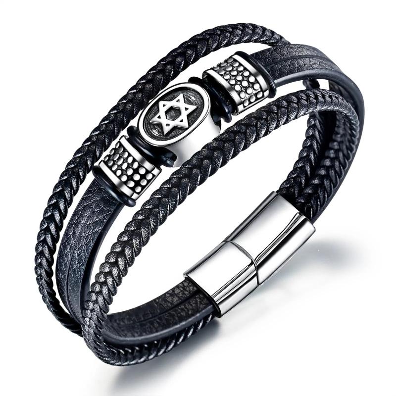Star of David Leather Bracelet with Magnetic Buckle
