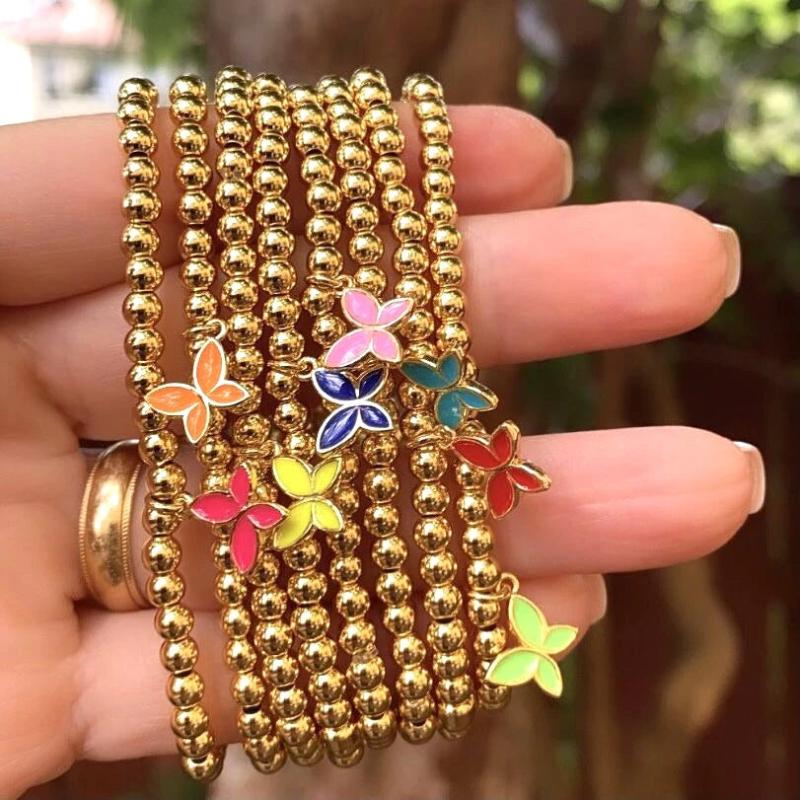 10Pcs Copper Beads Bracelet with Butterfly Charms, Luxury Jewelry
