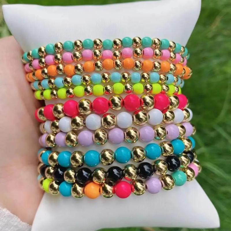 10Pcs Rainbow Enamel Bracelets Beads Chain Women's Fine Jewelry