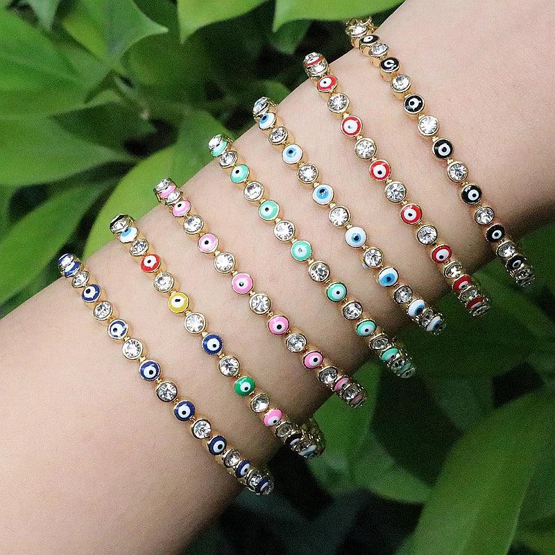 6Pcs Plated Rainbow Enamel Round Eye CZ Bracelet Set