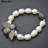 Paved CZ Metal Bee Charm Freshwater Pearl Bracelet