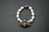 Paved CZ Metal Bee Charm Freshwater Pearl Bracelet
