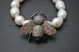 Paved CZ Metal Bee Charm Freshwater Pearl Bracelet