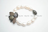 Paved CZ Metal Bee Charm Freshwater Pearl Bracelet
