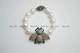 Paved CZ Metal Bee Charm Freshwater Pearl Bracelet