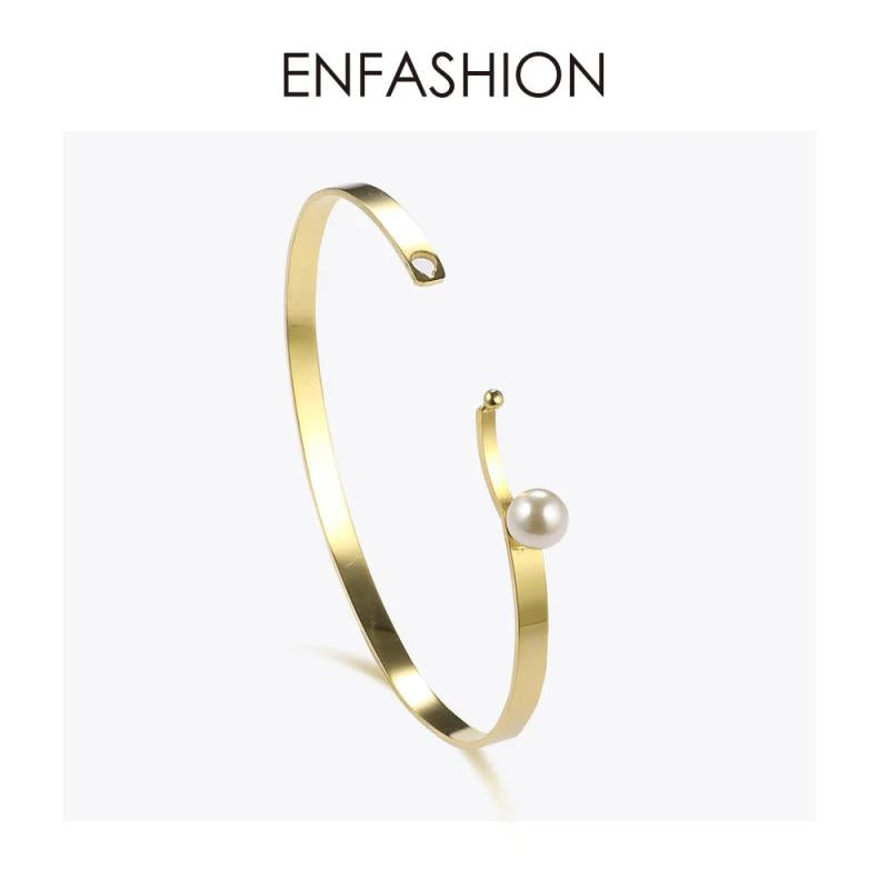 Pearl Ball Cuff Bracelets Stainless Steel Bangle Lady B2051