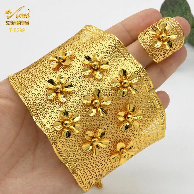 Adjustable 24K Dubai Plated Bracelet with Ring Hawaiian Bangles