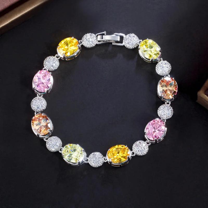Multicolor Oval CZ Crystal Chain Link Silver Tennis Bracelet Birthday Gift