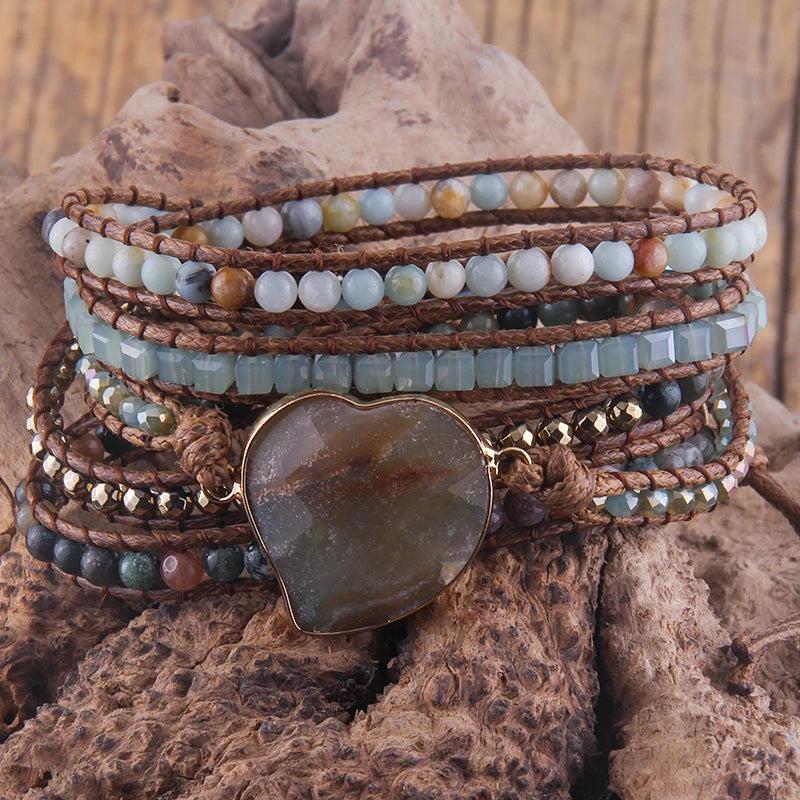 Boho Bracelet Natural Stones Heart Charm Wrap Bracelet Women Gift