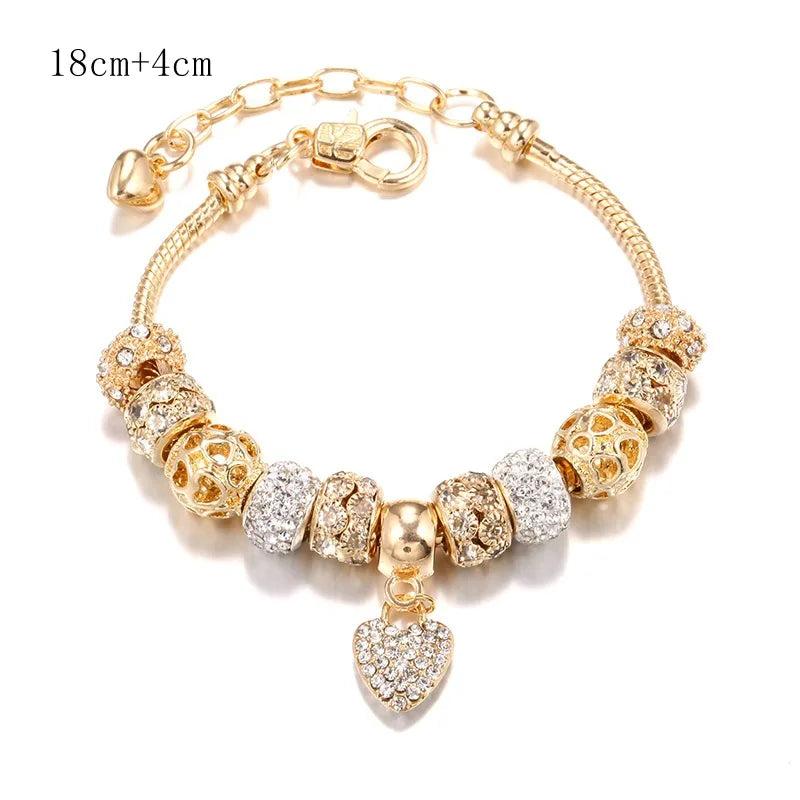 Crystal Bead Charm Bracelet with Heart Pendant for Women