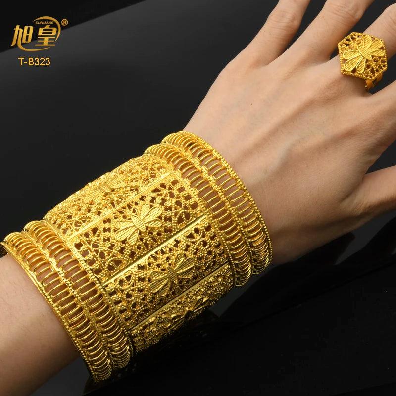 Dubai Ethiopia 24K Plated Bangle & Ring Set Arabic Charm Copper Party Jewelry