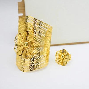 24k Flower Dubai Women Bracelet & Ring Set Ethiopian Wedding Jewelry