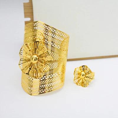 24k Flower Dubai Women Bracelet & Ring Set Ethiopian Wedding Jewelry