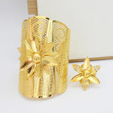24k Flower Dubai Women Bracelet & Ring Set Ethiopian Wedding Jewelry